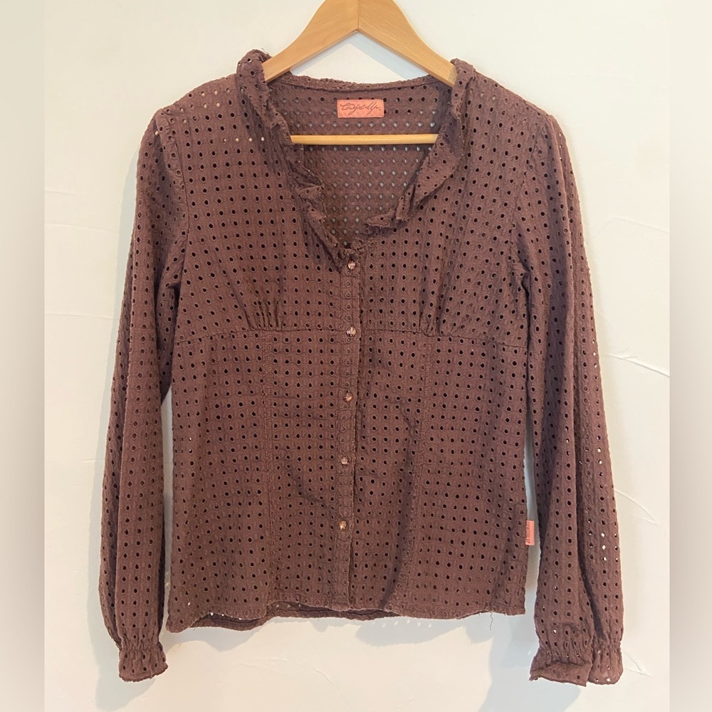 Cowgirl Up Brown Eyelet Button Down Flirty Fit, Size Medium